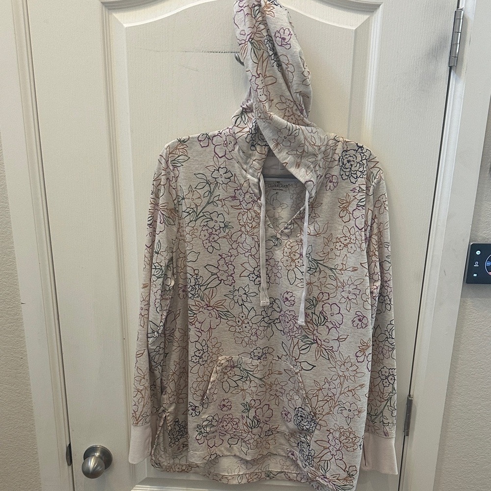 Cuddl Duds Floral Print Hoodie - Cream background with multiple color flowers
